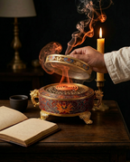 Hand lifting the glowing incense burner lid during an evening ritual