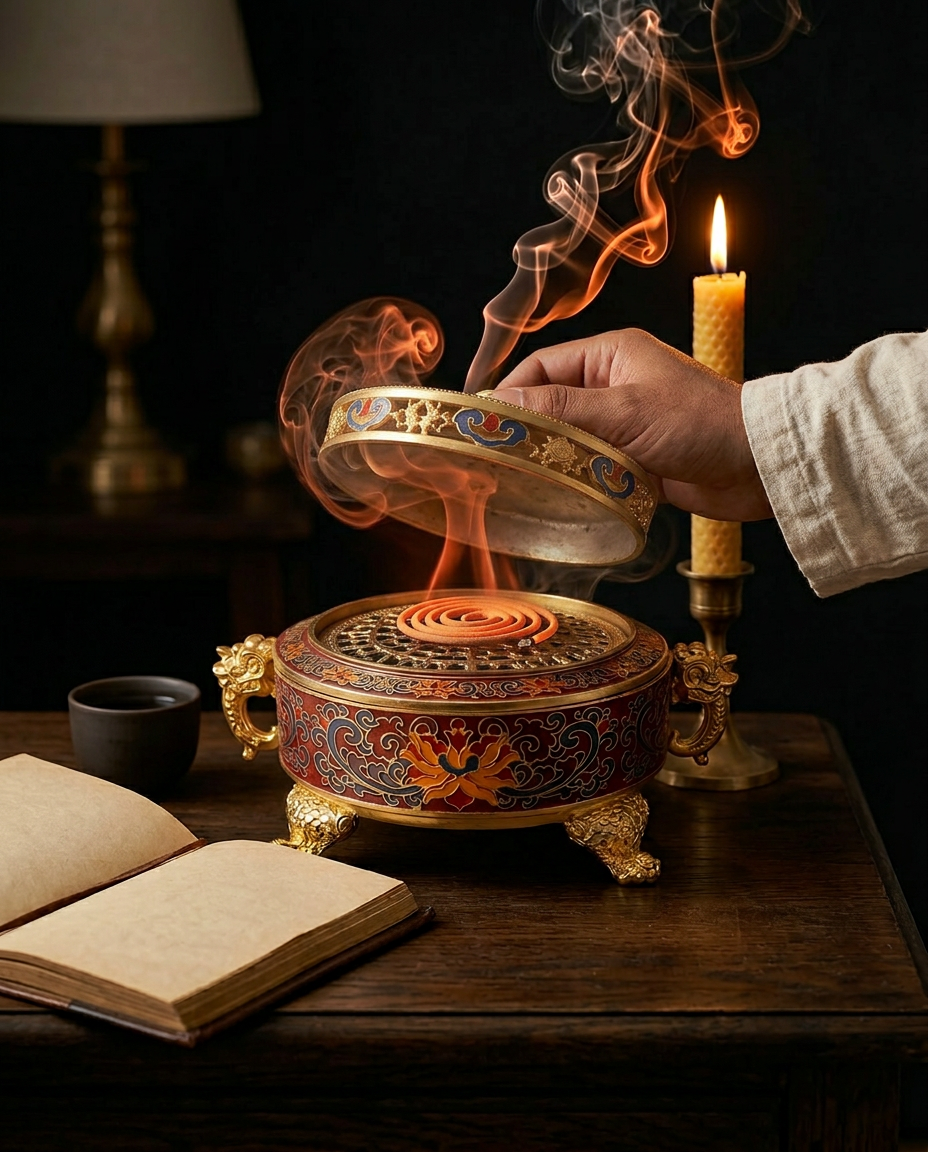 Hand lifting the glowing incense burner lid during an evening ritual