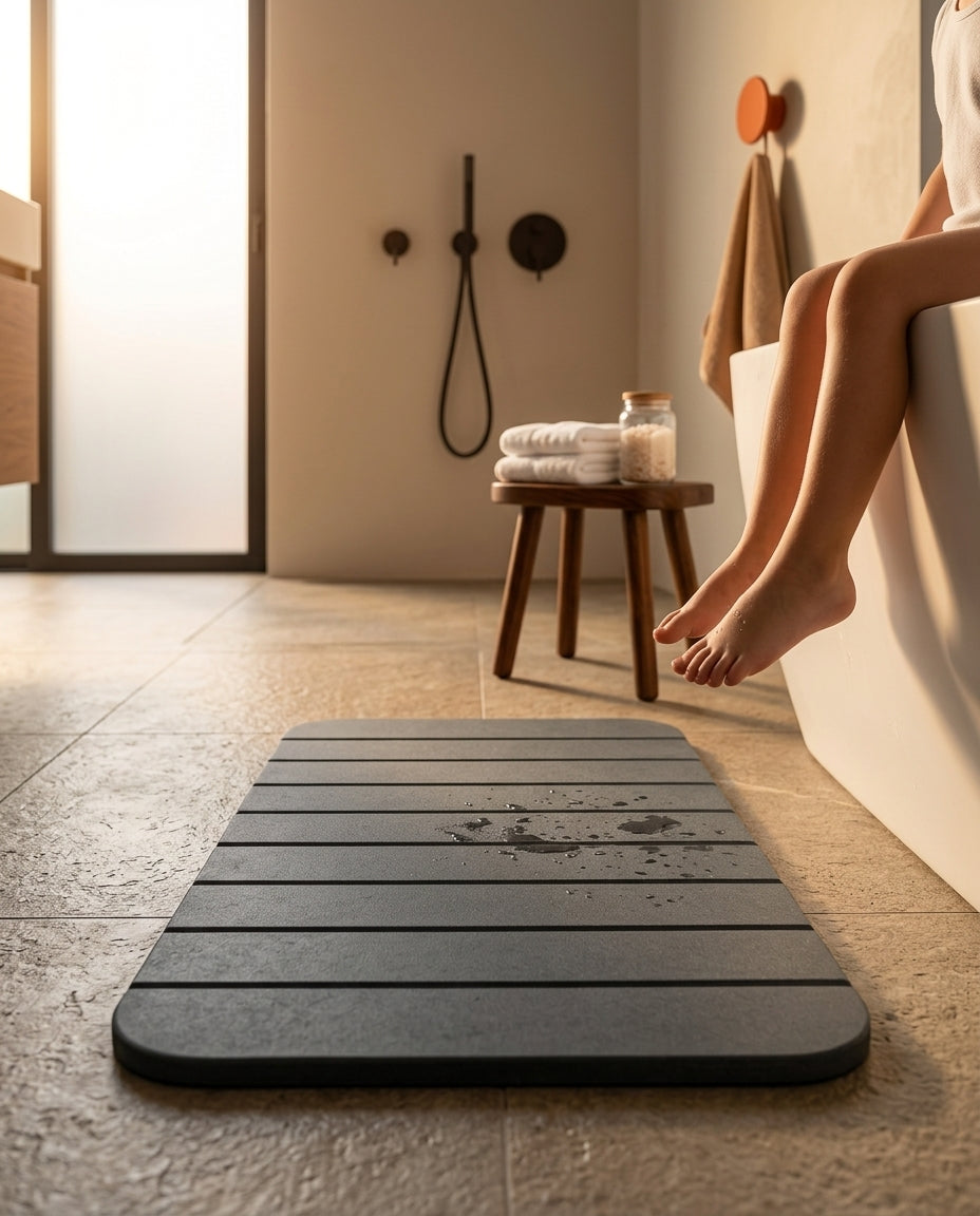 Grey stone bath mat on a bathroom floor beside a bathtub