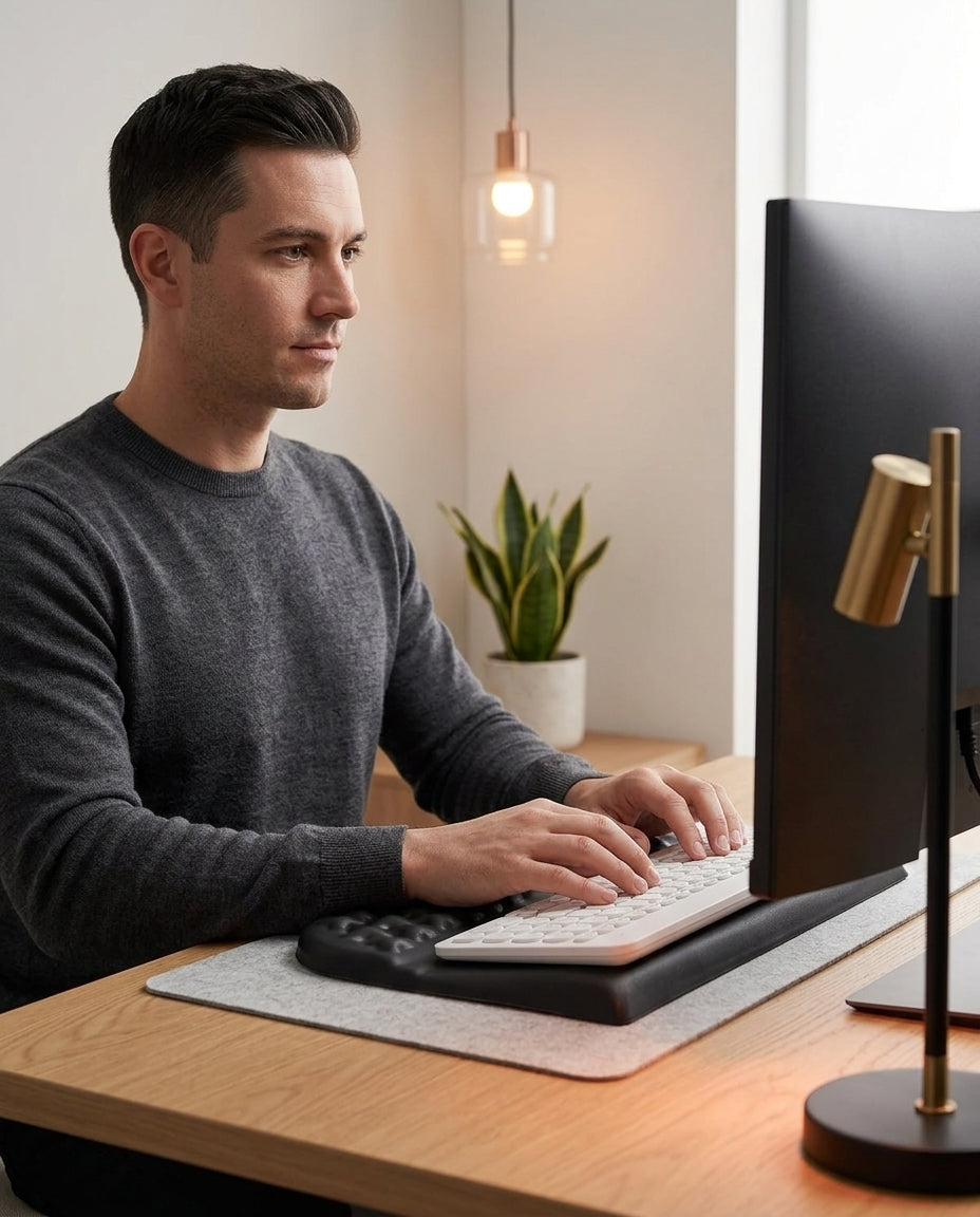Man working at a monitor with his wrist supported by the ergonomic keyboard pad