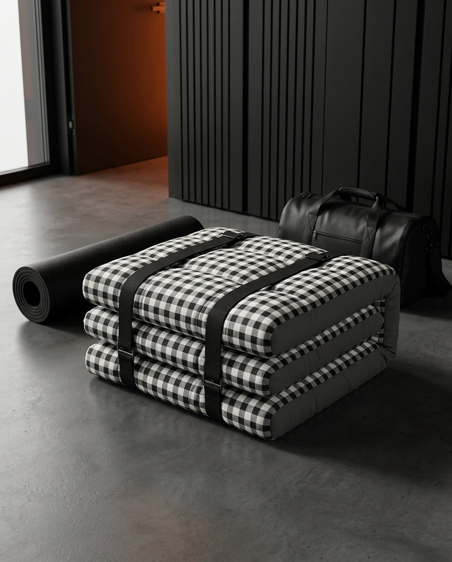 Checkered floor mattress folded and strapped beside a yoga mat and duffel bag