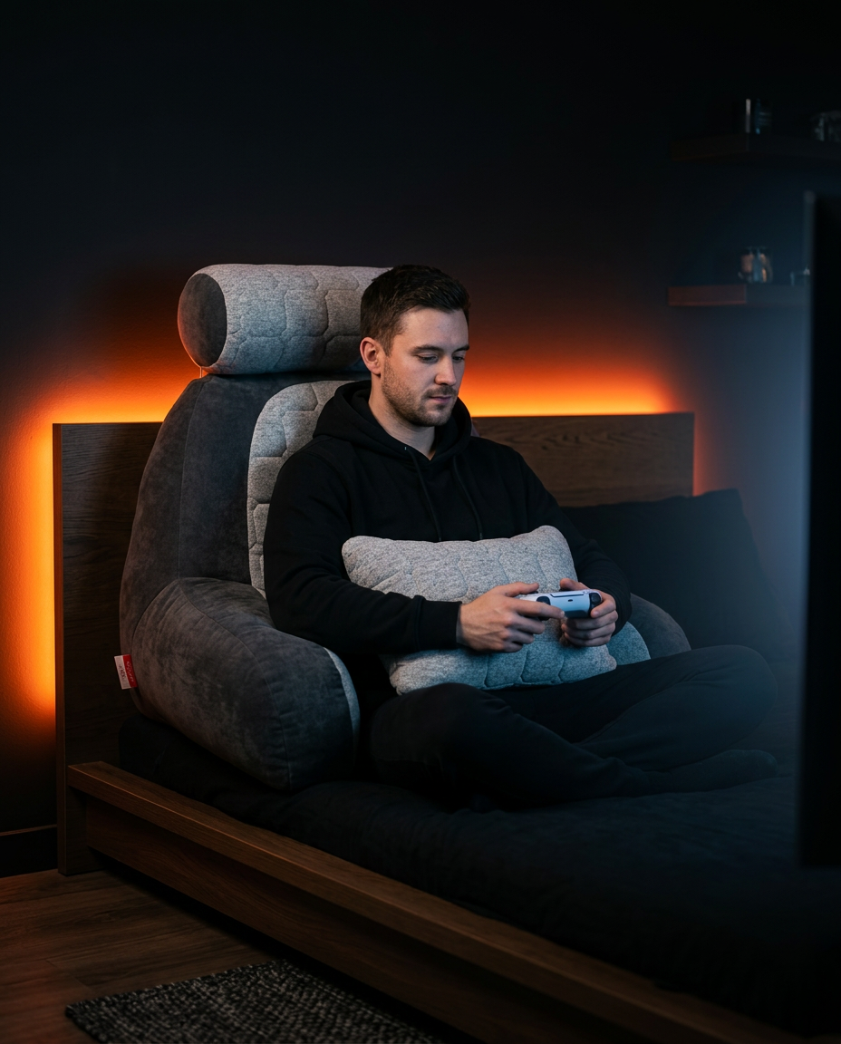 Man gaming with a controller propped against the grey reading pillow