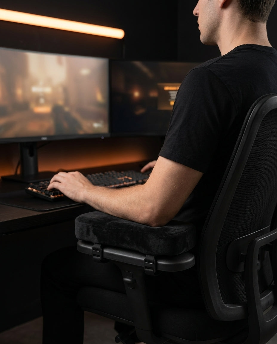 Gamer resting his arm on the cushioned chair armrest at a dark setup