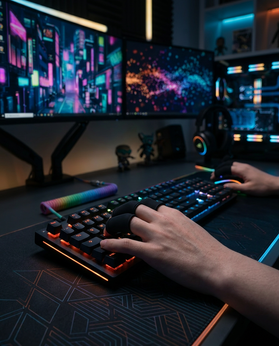 Hand in gel finger sleeves on an RGB gaming keyboard at a dual-monitor desk