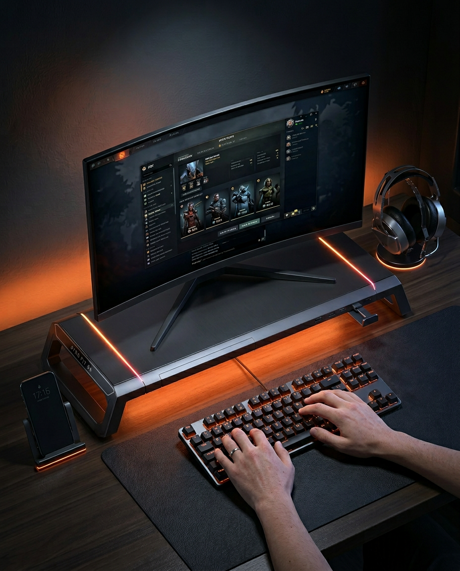 Gamer typing at a curved monitor raised on the RGB stand with orange lighting