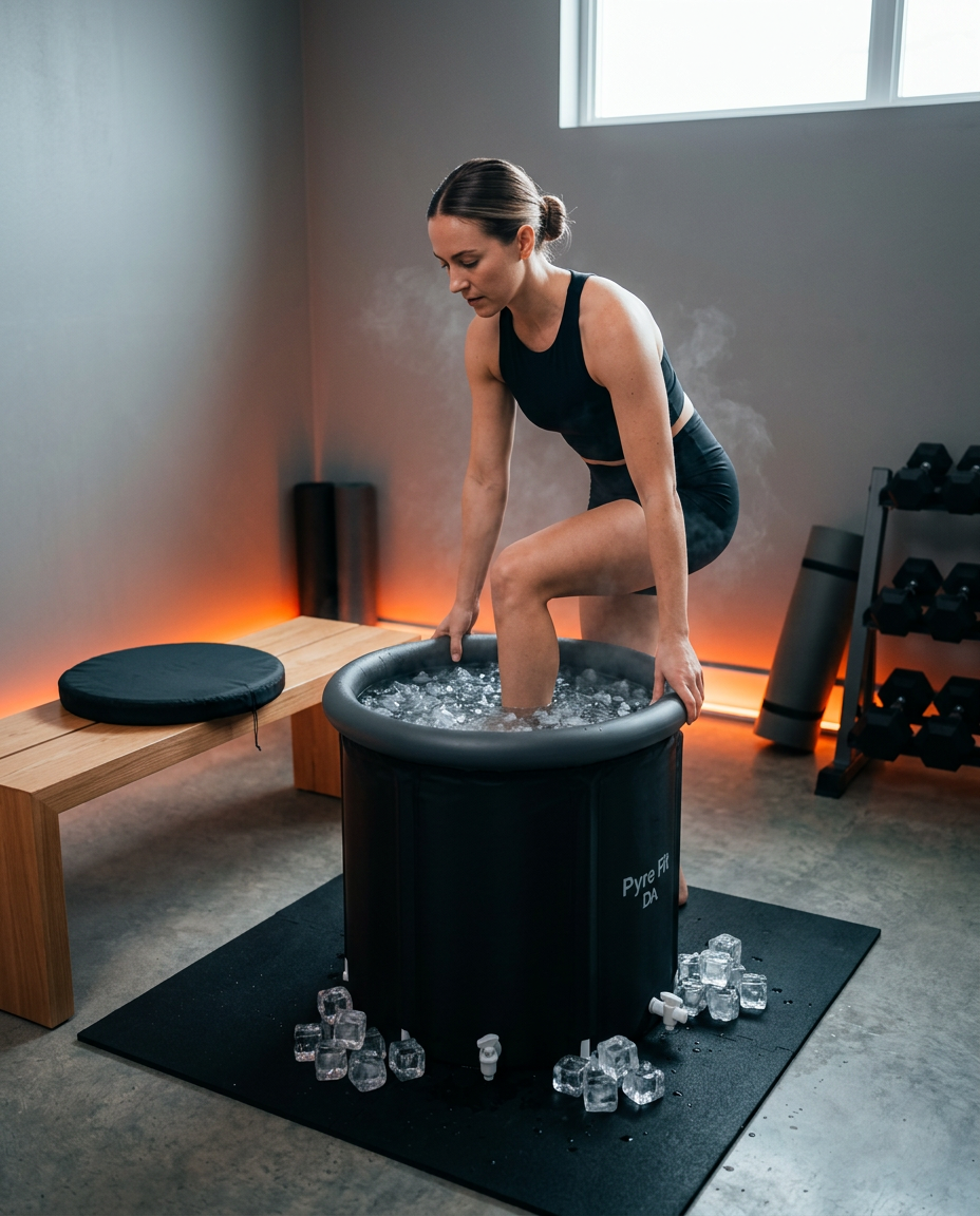 Woman stepping into the steaming ice bath tub in a home garage gym
