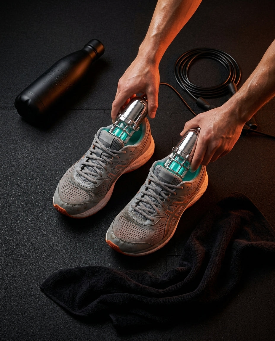 Hands placing the shoe dryers into grey running shoes after a workout