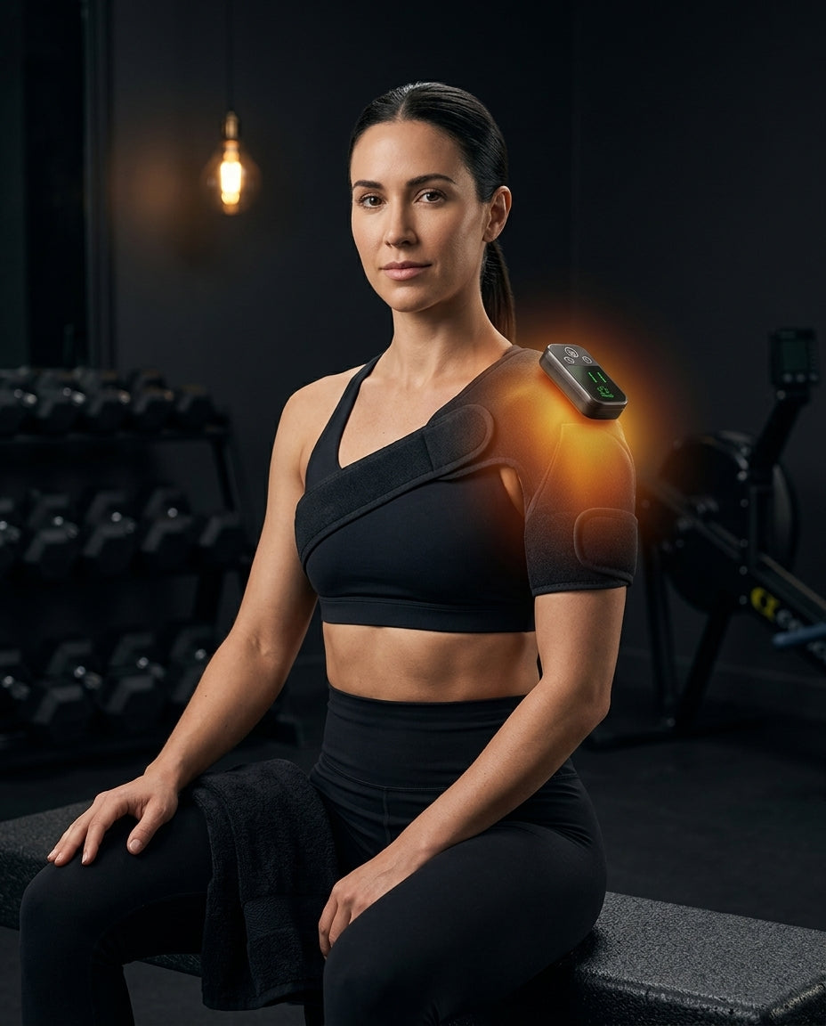 Woman in a dark gym wearing the heated shoulder brace after a workout