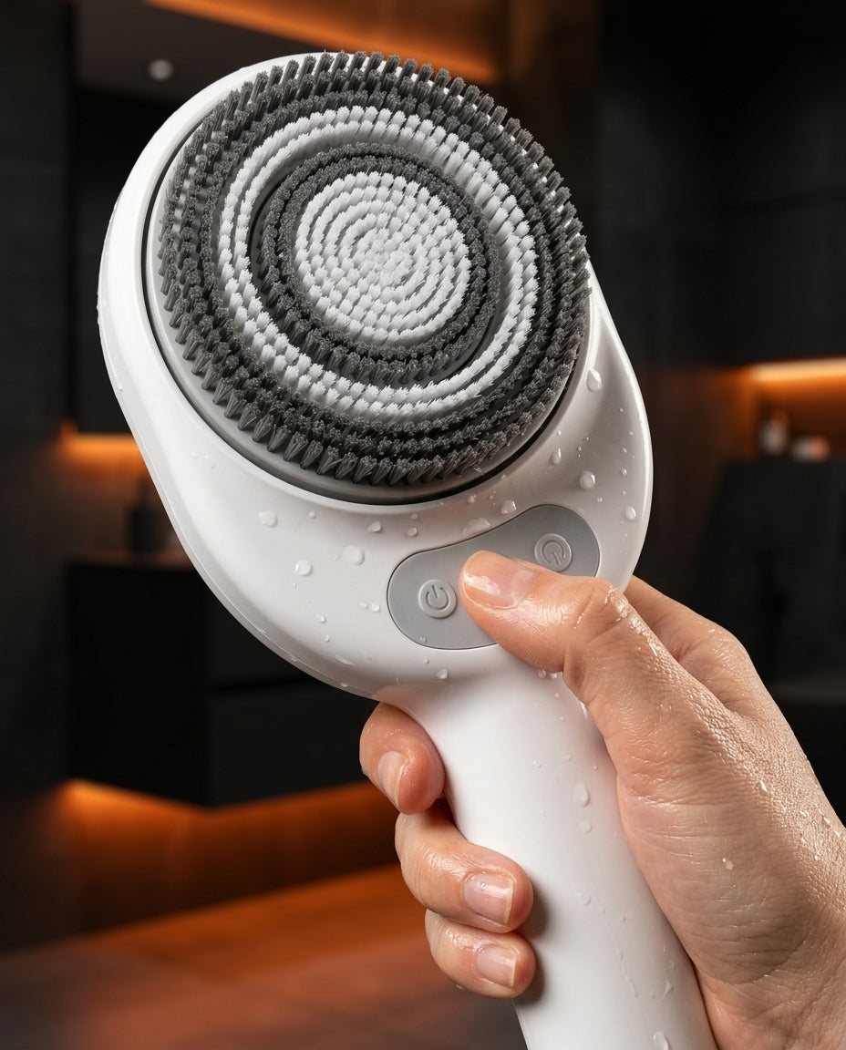 Hand holding the handheld electric shower scrubber with water droplets, on power button