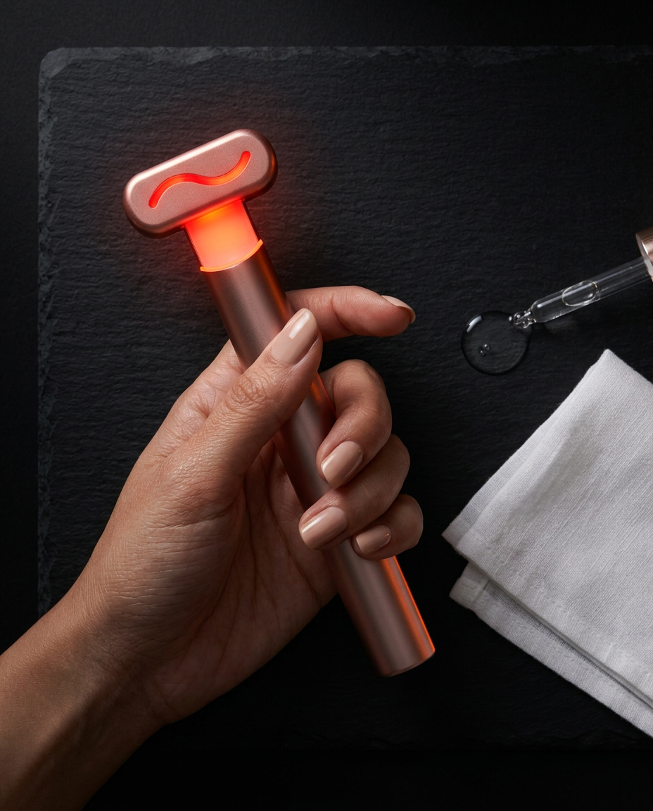 Hand holding the glowing red light skincare wand over a slate surface