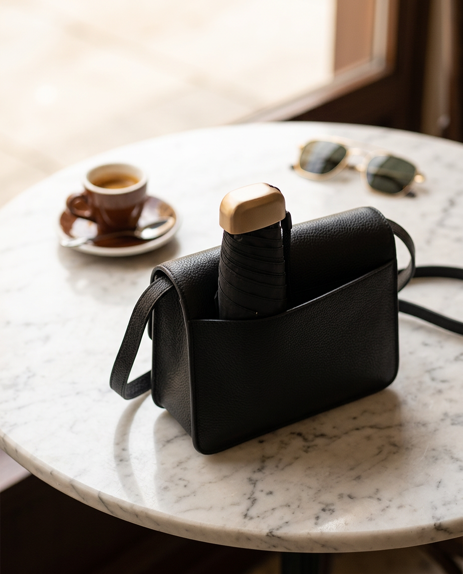 Folded UV umbrella tucked inside a black handbag on a marble cafe table