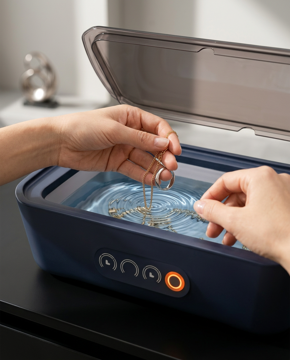 Hands lowering a gold chain into the water-filled ultrasonic cleaner tank