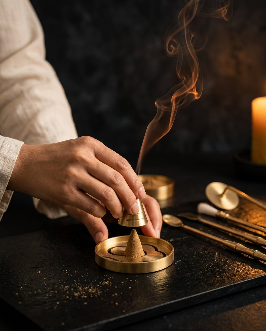 Hands pressing a smoking incense cone with the brass cone press, candlelit