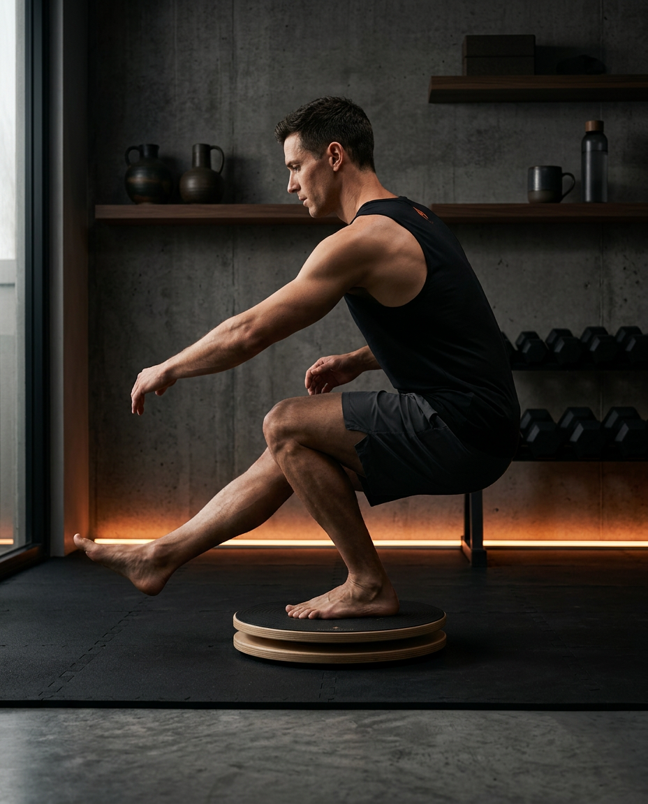 Man doing a squat on the balance board in a dark home gym