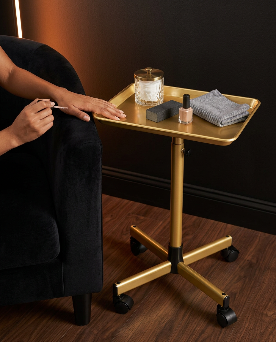 Woman doing her nails at home using the gold rolling tray cart
