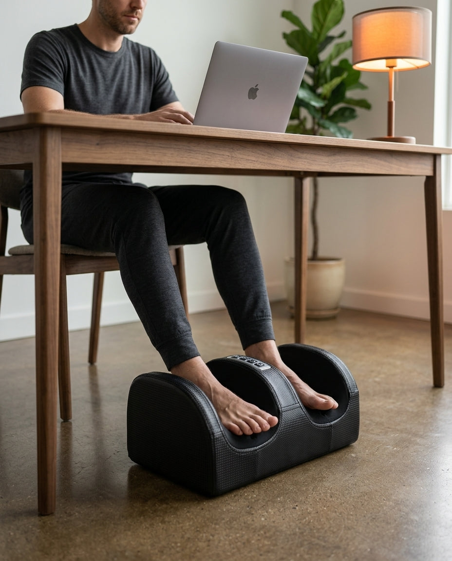 Man at a laptop with feet inside the foot massager under his desk