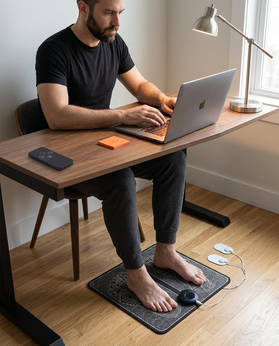 Man working at a laptop with bare feet on the EMS foot massager mat underneath