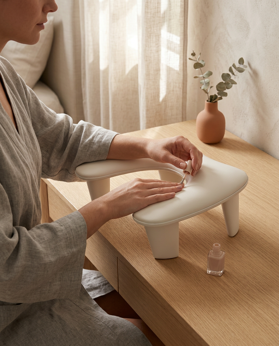 Woman at home painting her nails over the cream arm rest cushion