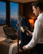 Man steaming a navy jacket beside an open suitcase in a hotel room