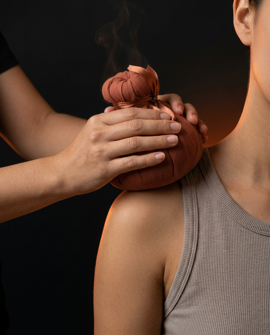 Therapist pressing a warm herbal massage ball onto a woman's shoulder
