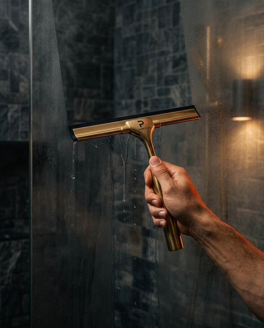 Hand using the brass squeegee to wipe water off a wet shower glass door