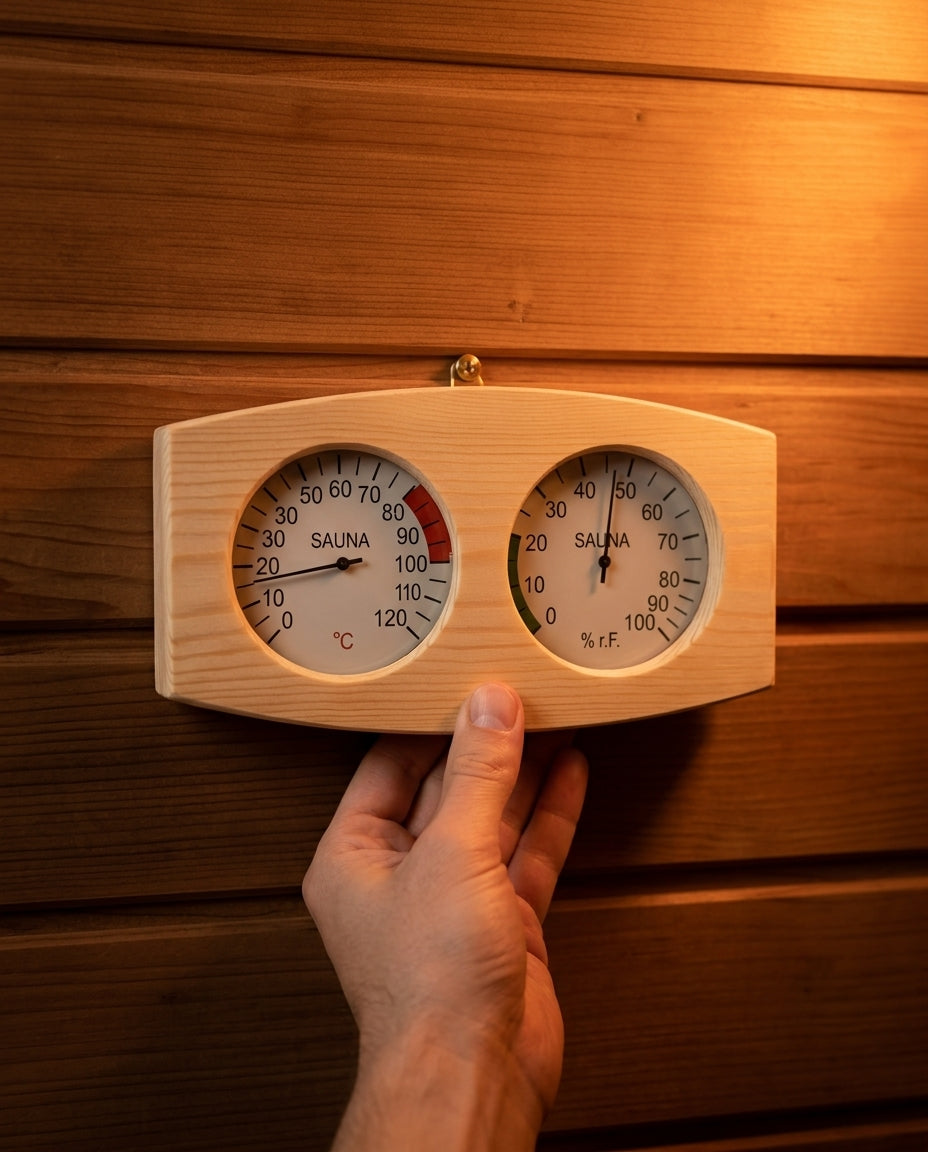Hand pressing wood sauna gauge mounted on cedar sauna wall