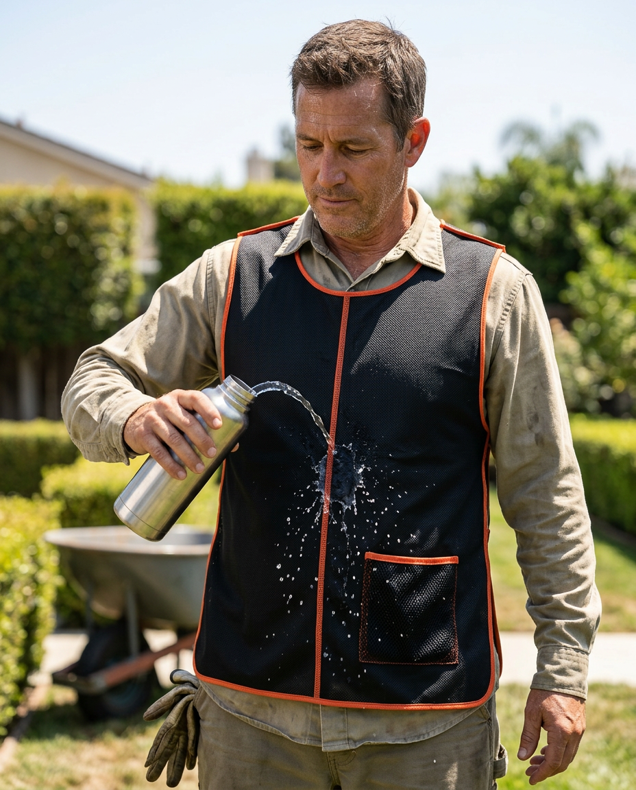 Worker pouring coffee outdoors wearing the cooling utility vest on the jobsite