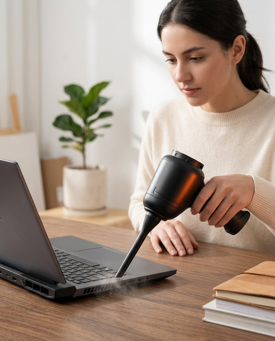 Woman blowing dust off a laptop keyboard with the cordless air blower