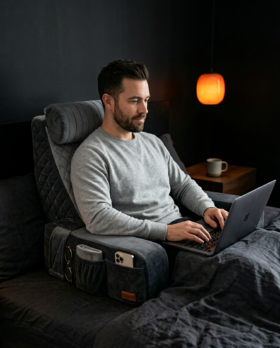 Man working on a laptop in bed supported by the gray bed rest pillow