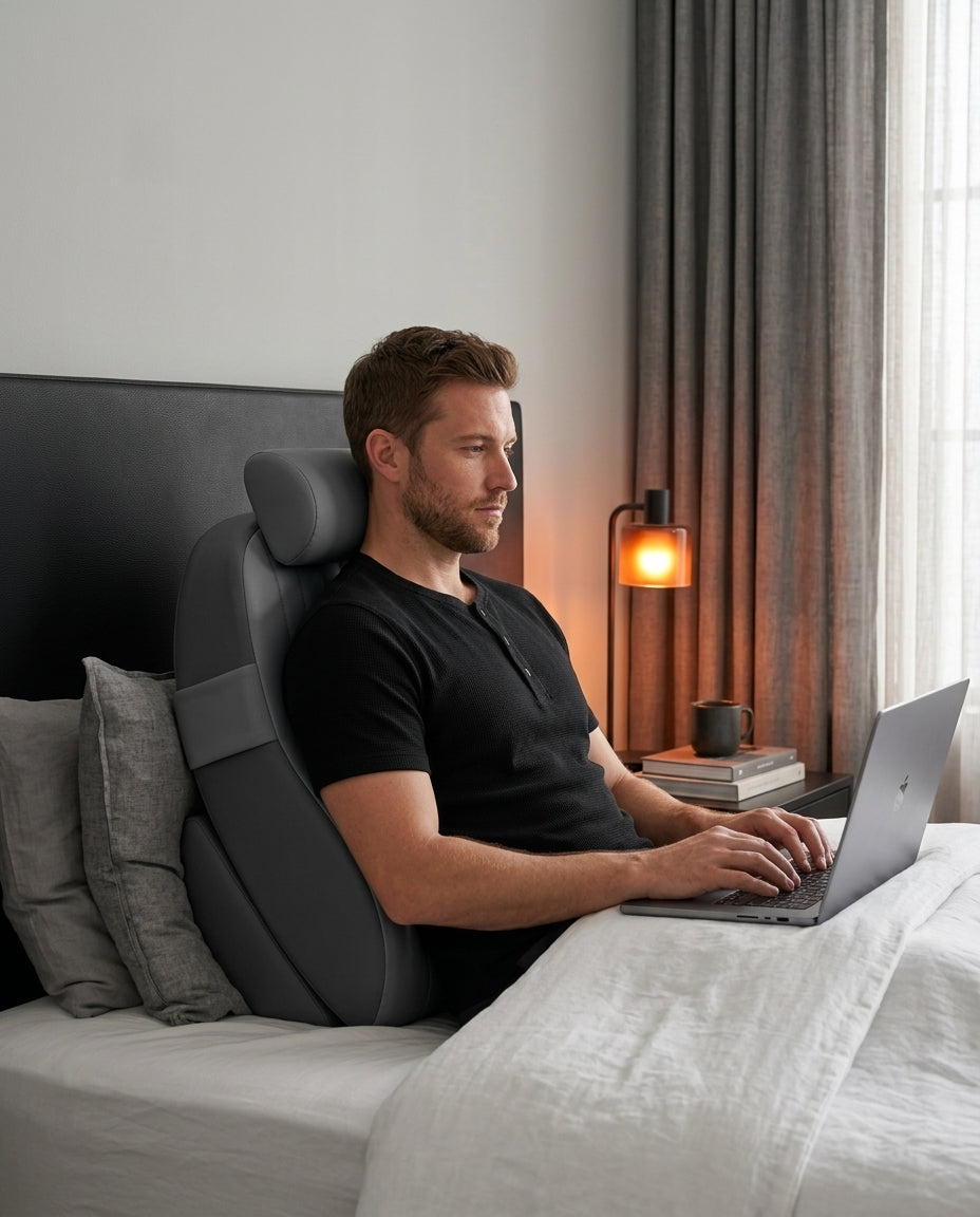 Man using laptop in bed leaning on gray ergonomic bed backrest