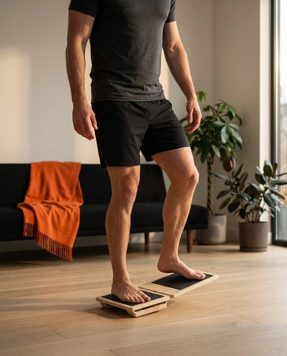 Man training balance barefoot on the wooden ankle board in a living room
