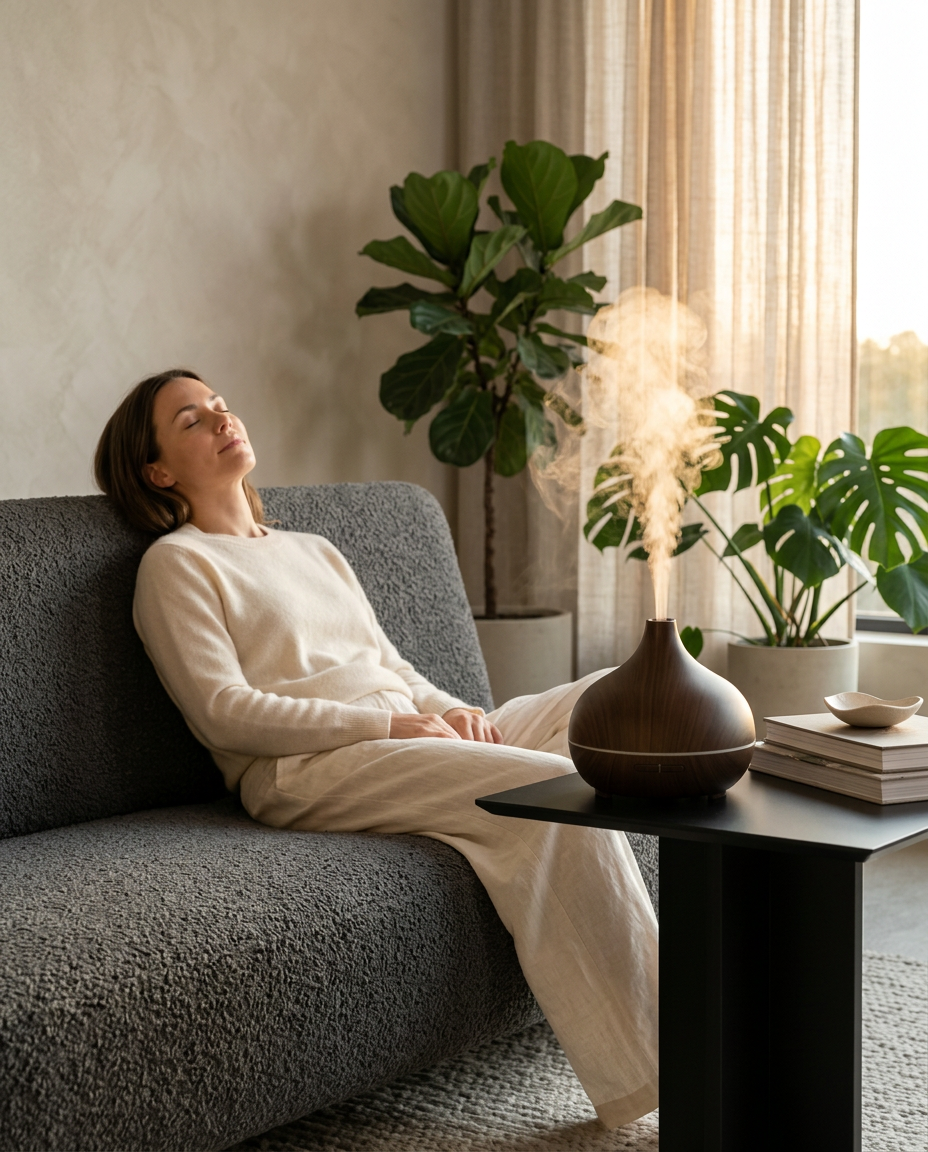 Woman relaxing on a sofa in a plant-filled living room with the diffuser