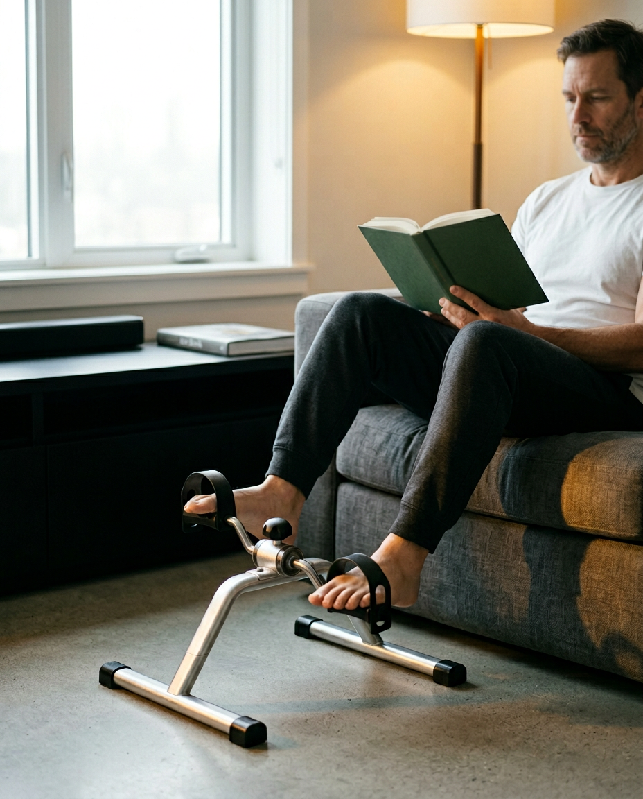 Man reading on a couch while pedaling the mini exercise bike in a living room