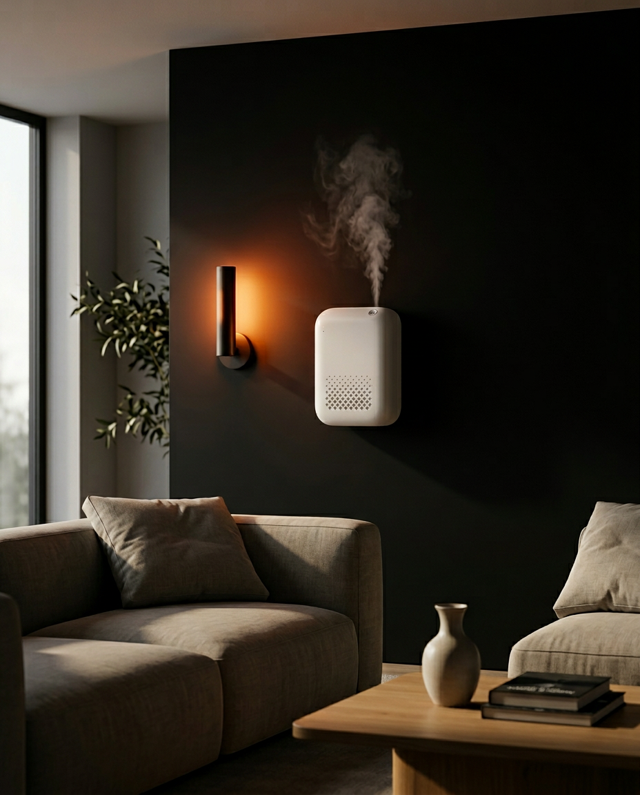 White diffuser wall-mounted in a dark living room diffusing mist above a sofa