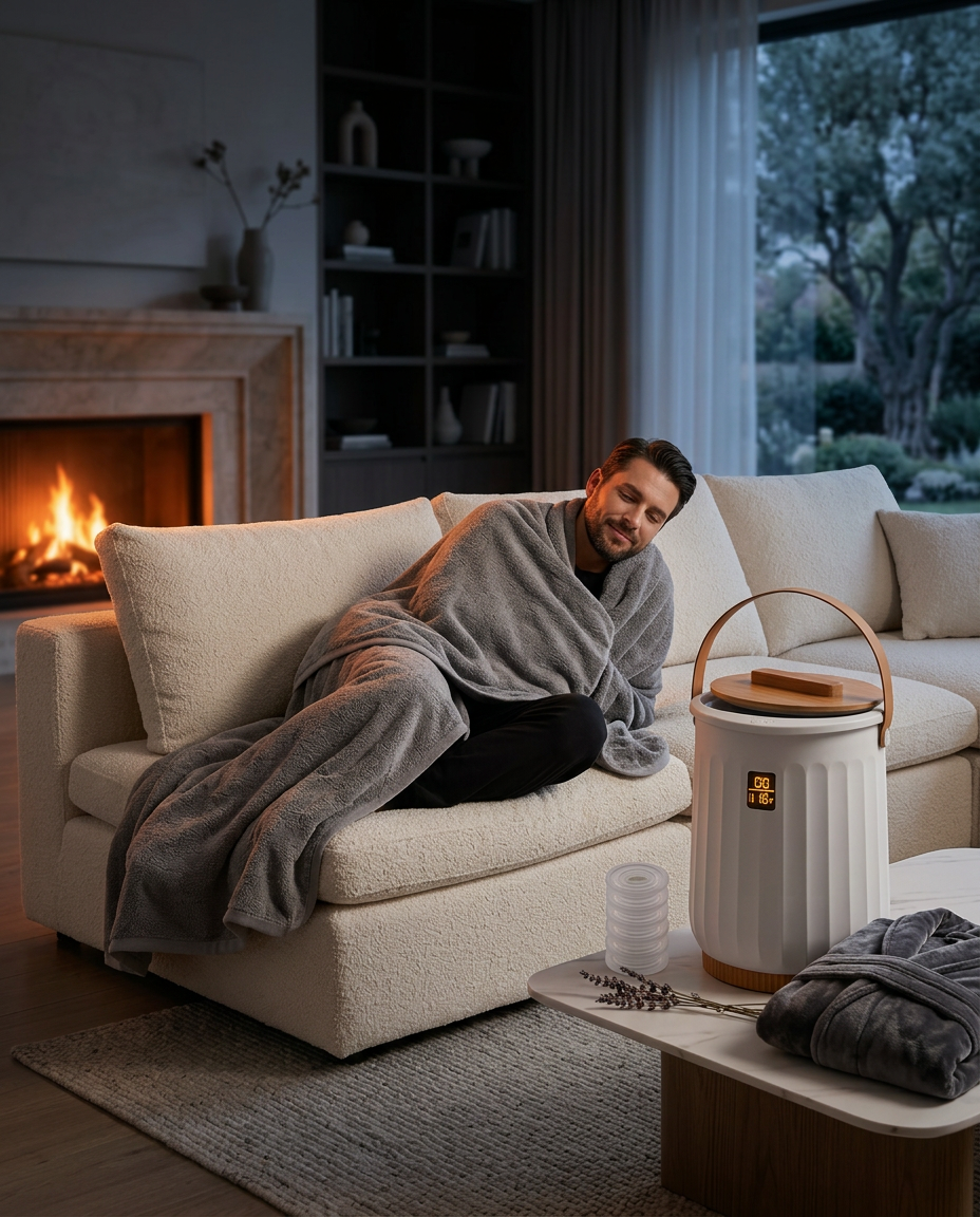 Man wrapped in a warm blanket on a couch beside the towel warmer by a fireplace