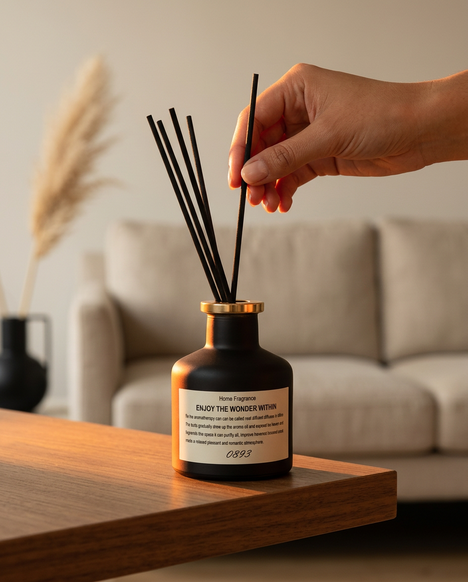 Hand placing reeds into the diffuser bottle on a wood table in a living room