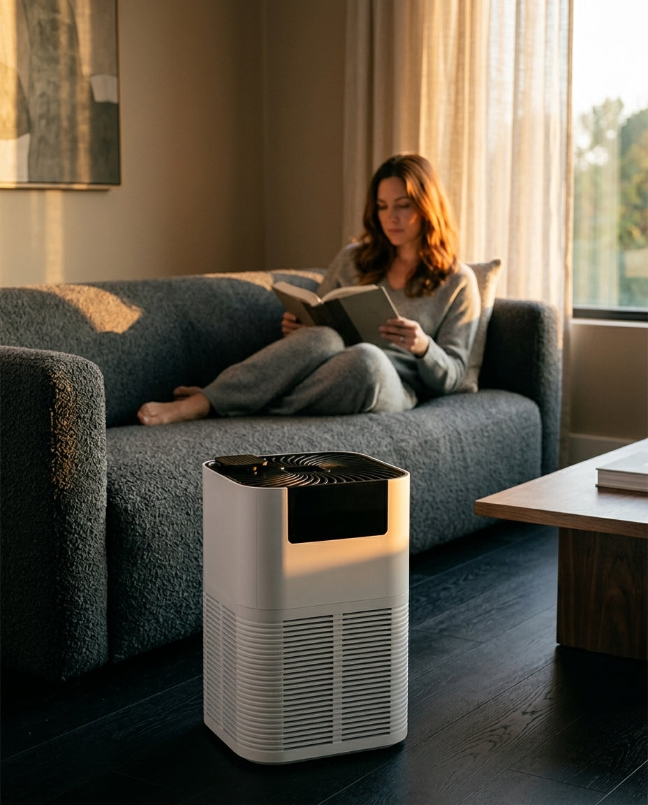 Air purifier on a living room floor as a woman reads on the couch