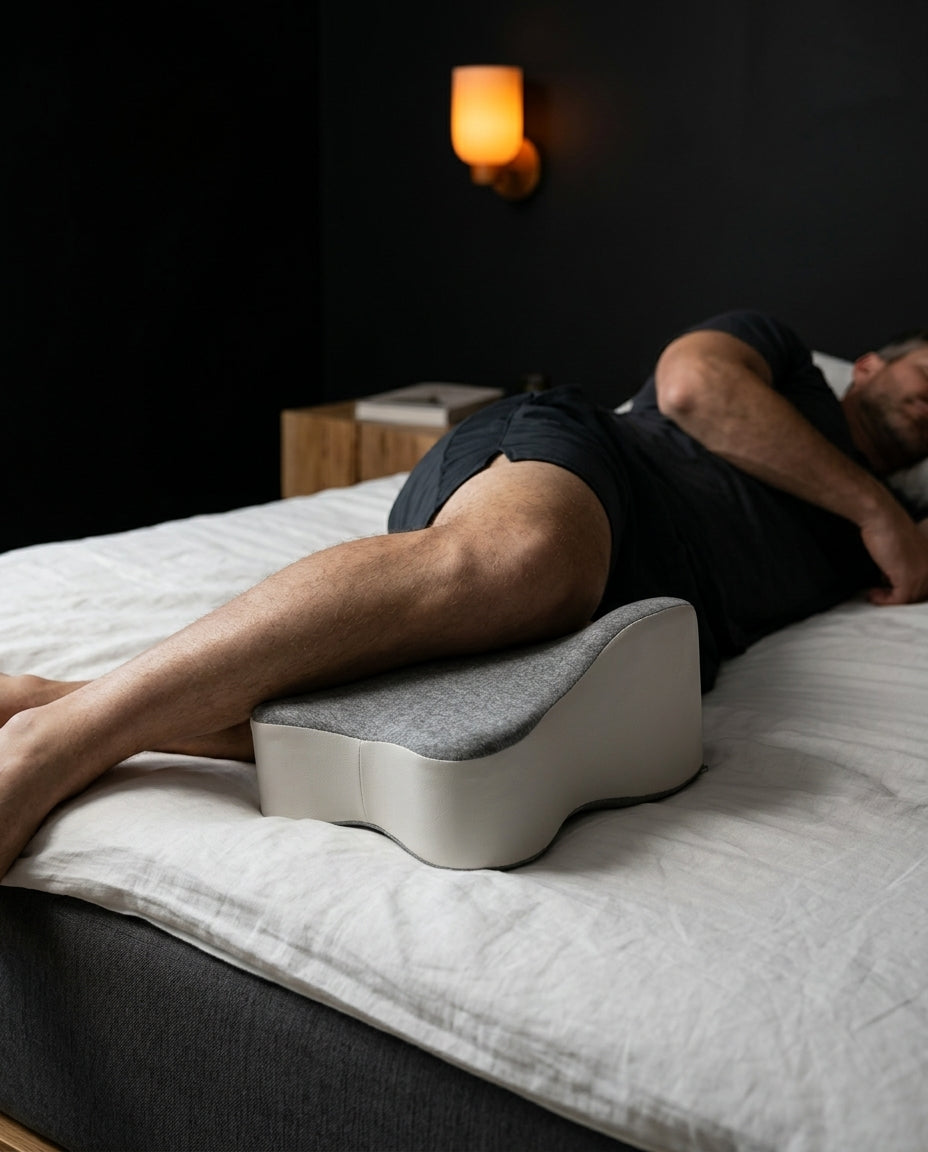Man side sleeping with the knee pillow between his legs for recovery