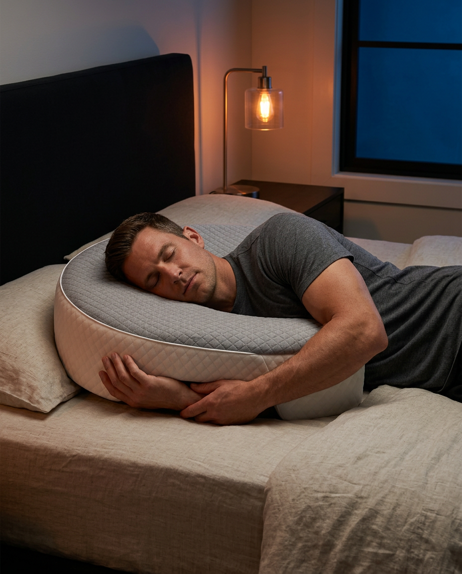 Man side-sleeping at night with his shoulder eased into the cutout pillow