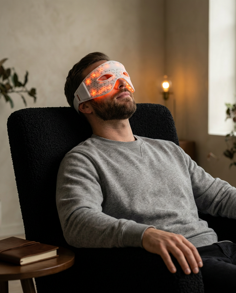 Man reclining on a chair wearing the red light LED eye mask