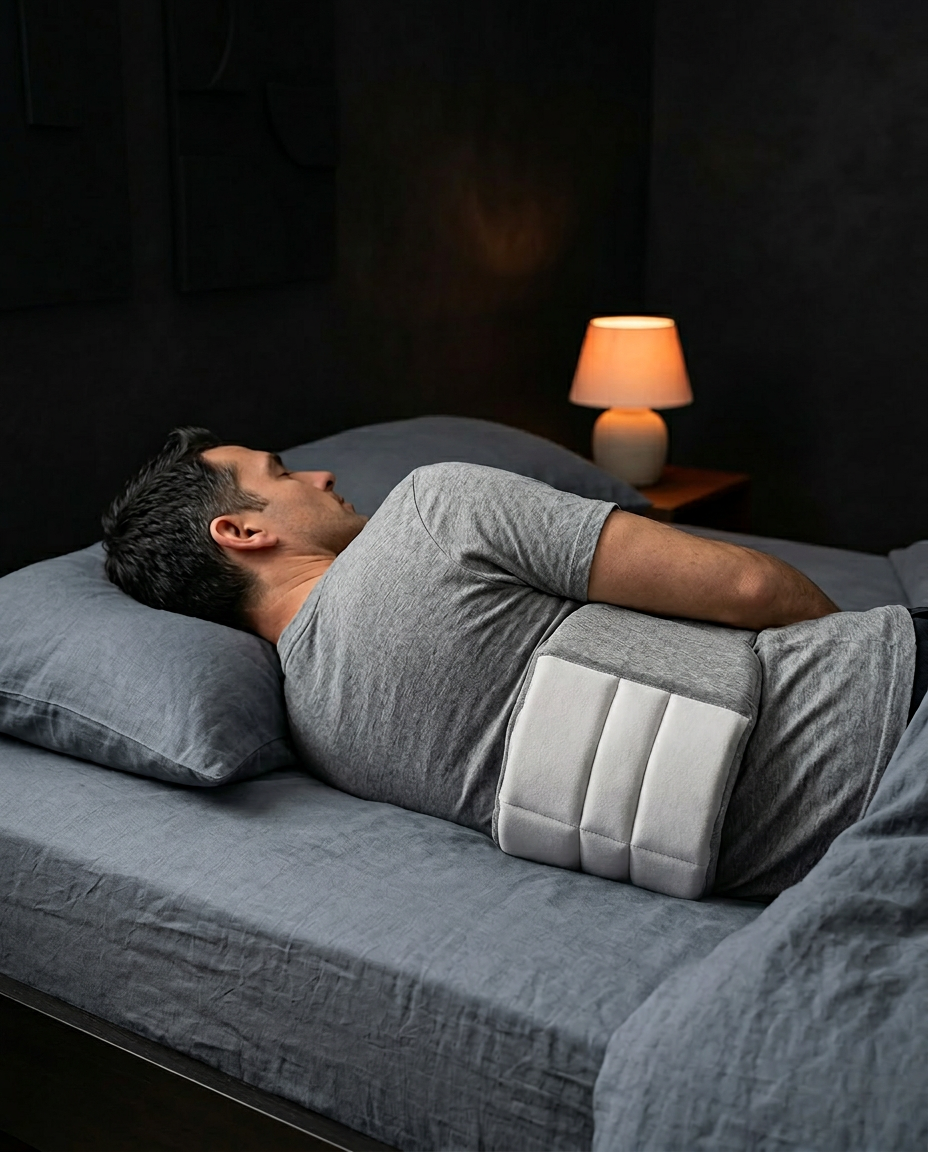 Man lying on his back in bed with the lumbar cushion supporting his spine