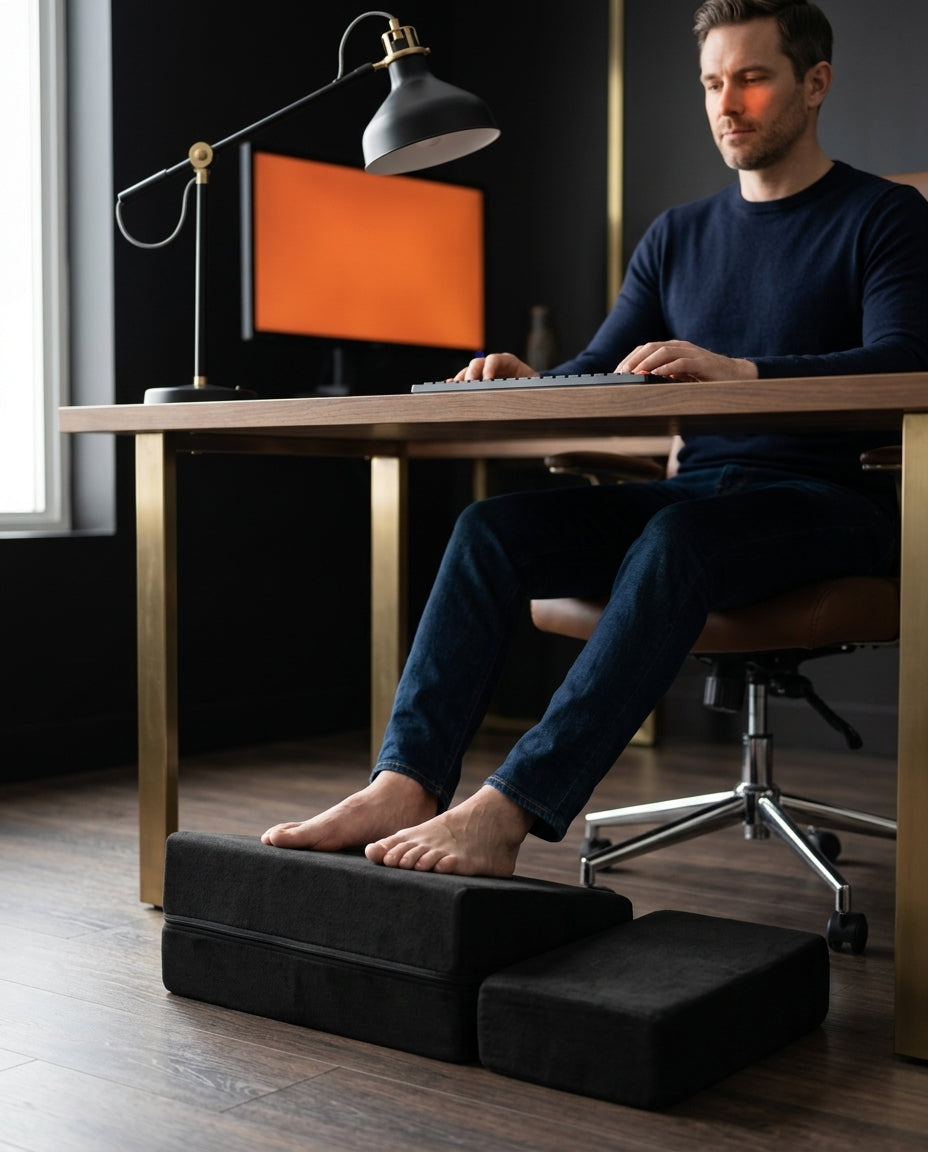 Man at a desk with feet propped on two stacked black foot rest cushions