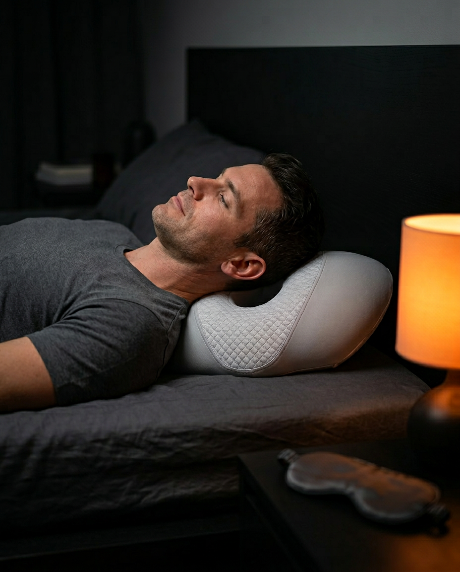 Man side-sleeping resting his head on the grey ear pillow in a dim bedroom