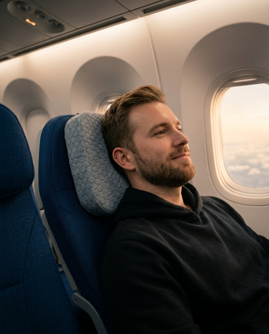 Man relaxing in an airplane seat with the ear pillow cushioning his head