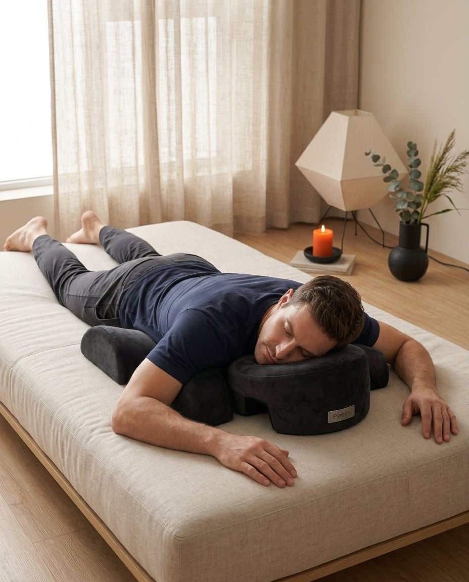 Man relaxing face-down with chest and face resting on the black support pillow