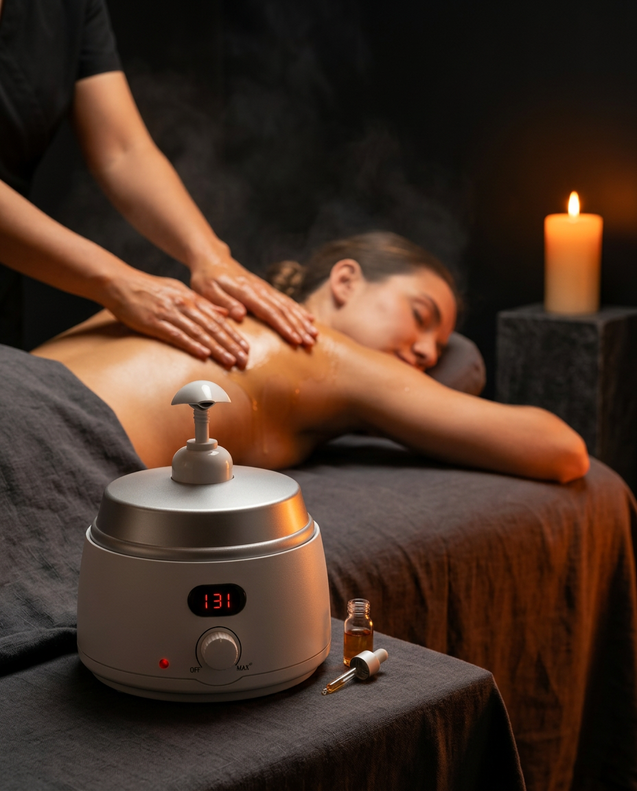 Oil warmer on a side table as a woman receives a massage by candlelight