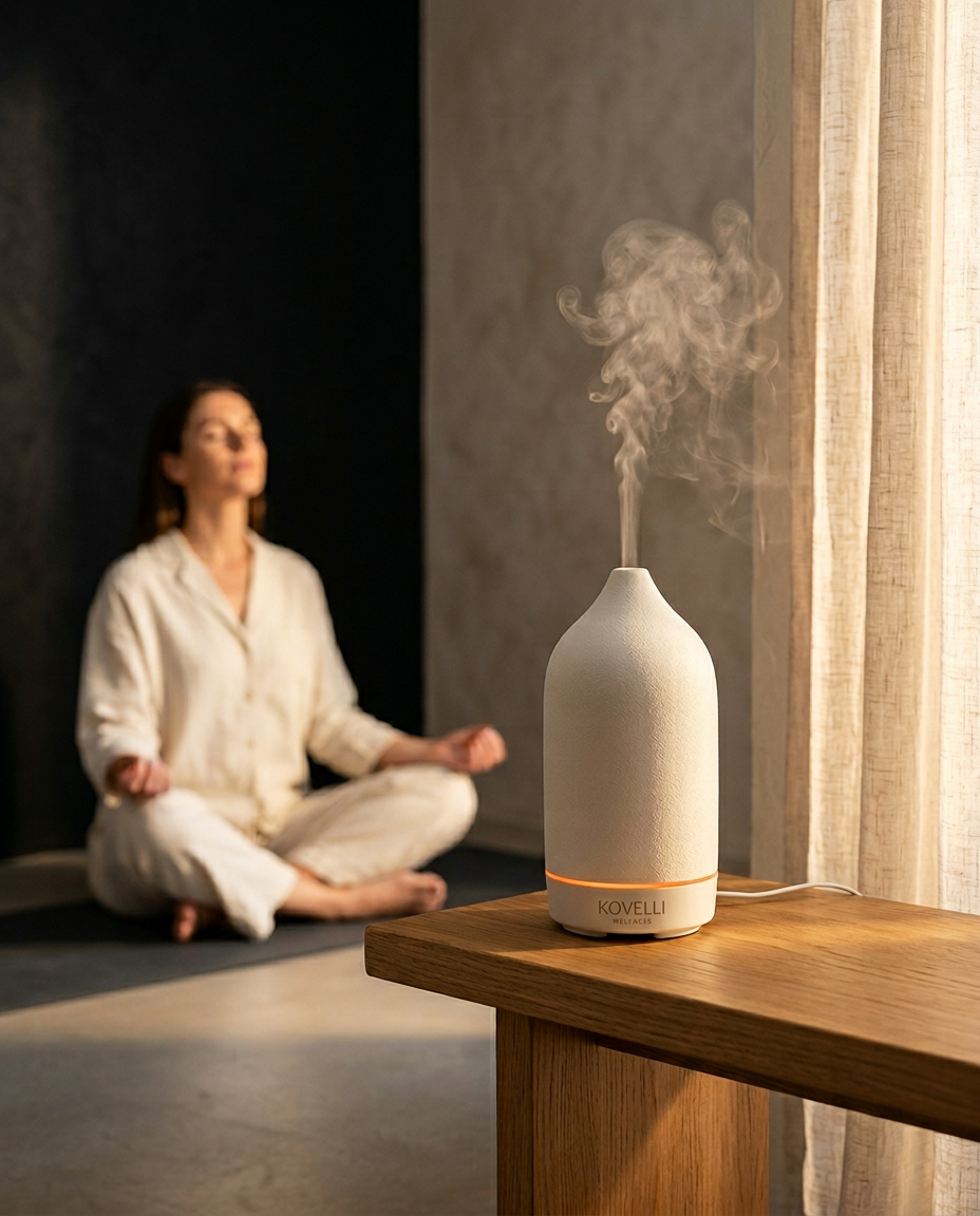 White ceramic essential oil diffuser misting in a calm meditation corner