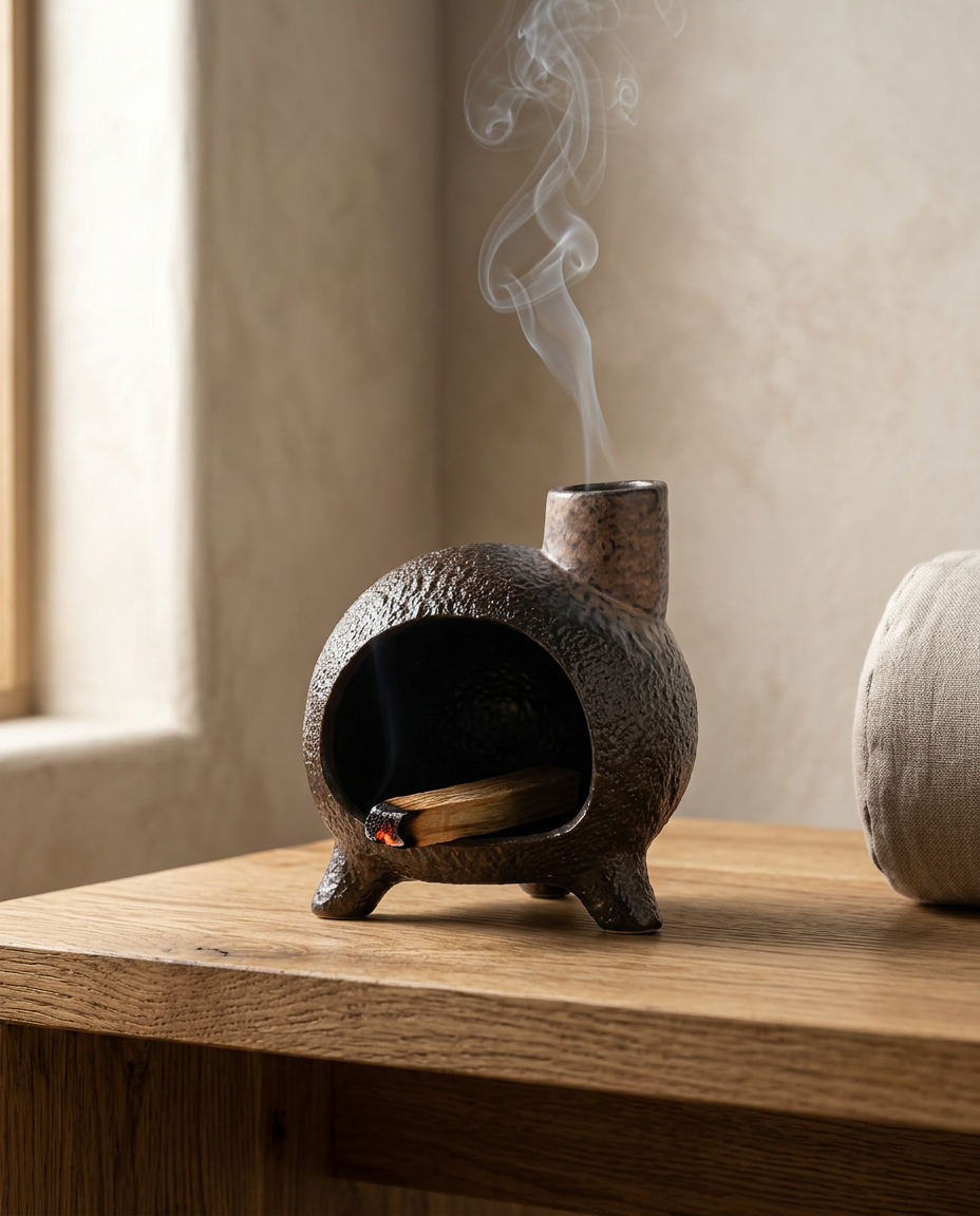 Ritual burner on a wood table releasing a thin smoke trail in a meditation corner