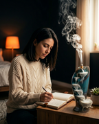 Woman journaling at a bedside table as the backflow incense burner streams smoke