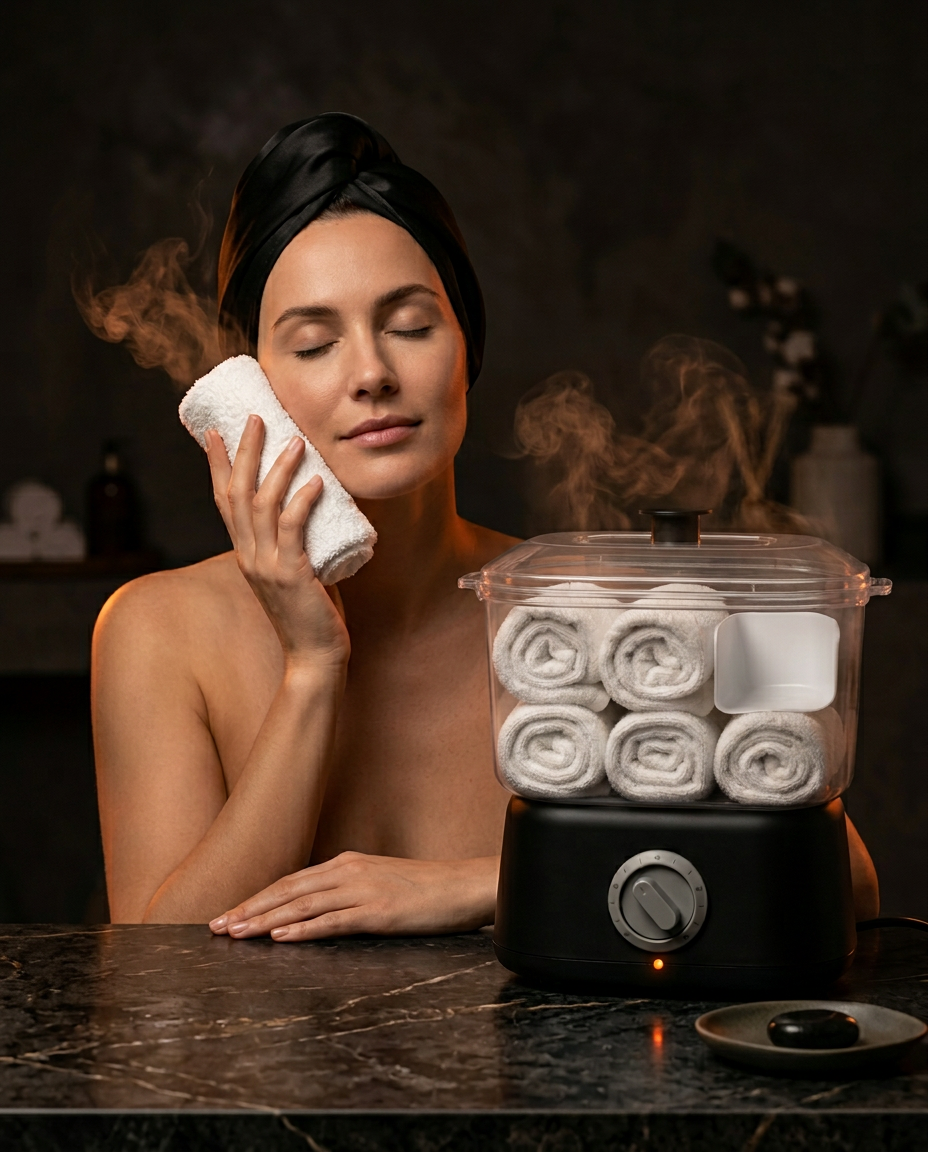 Woman pressing a warm towel to her face beside the steaming towel warmer